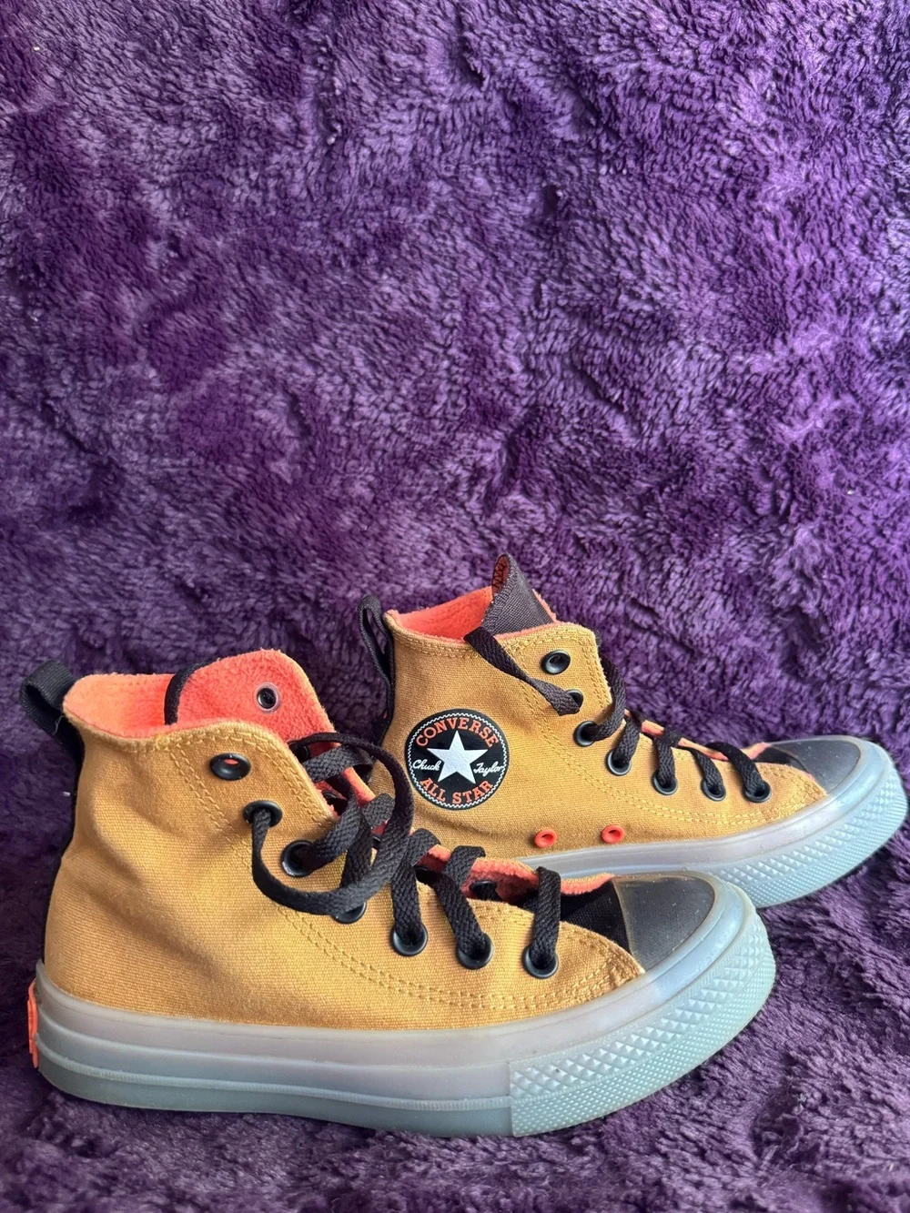 Converse High Top Sneakers in Camel Brown with Orange Accents and Fleece Lining